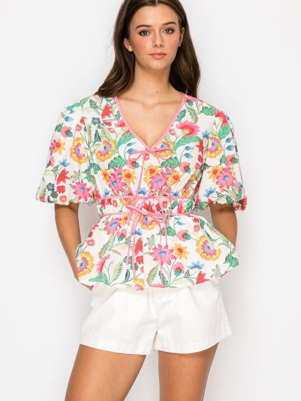Floral V-Neck Peplum Blouse with Pink Trim